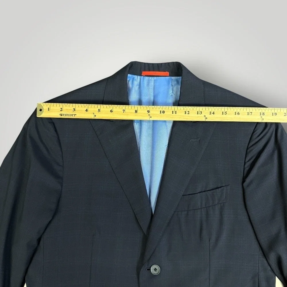 Isaia Napoli Men Navy Blue Windowpane Wool Silk Suit 150s Aqualight IT 52/ US 42